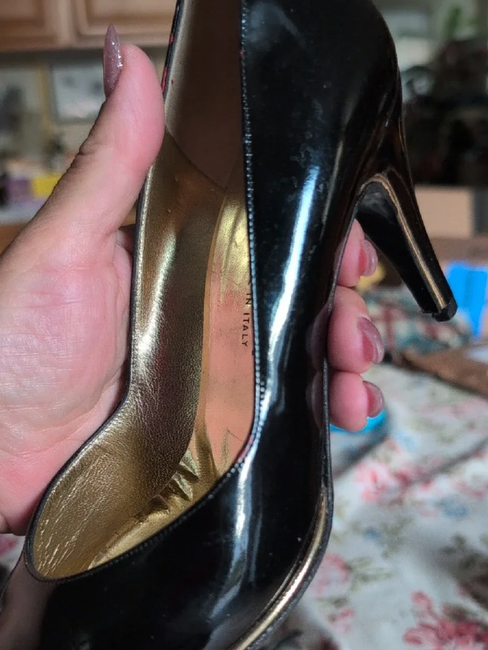 St. John Black Patent Leather Pointed Pumps with Gold Interior